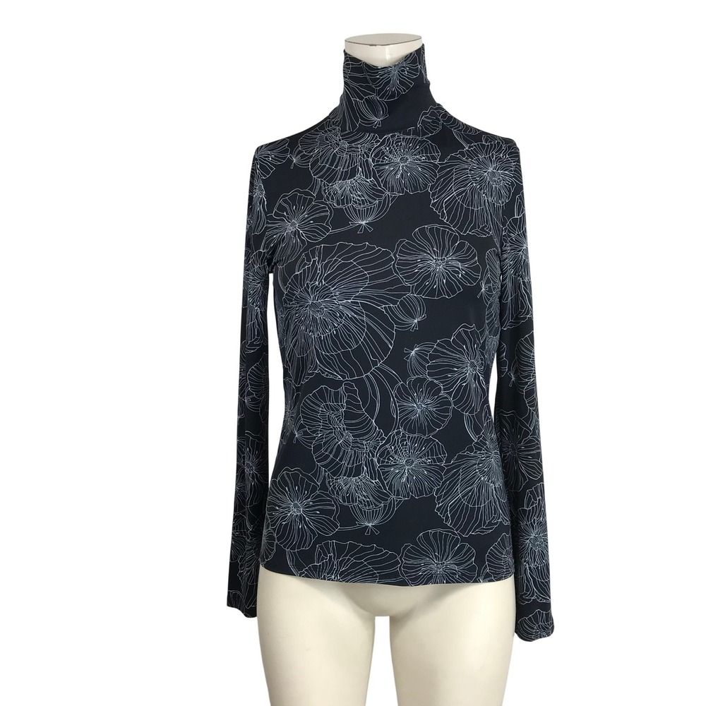St John Black Floral Print Turtleneck Long Sleeve Top Women Size‎ S